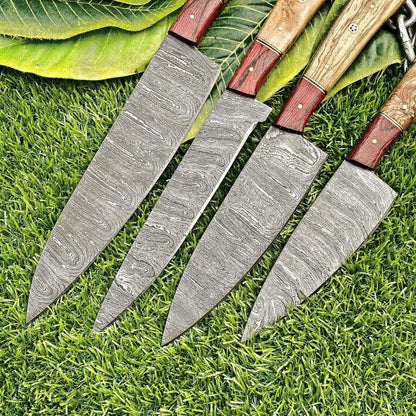 Lot of 4 Damascus Steel Chef Knives Set – Full Tang Kitchen Knife Collection