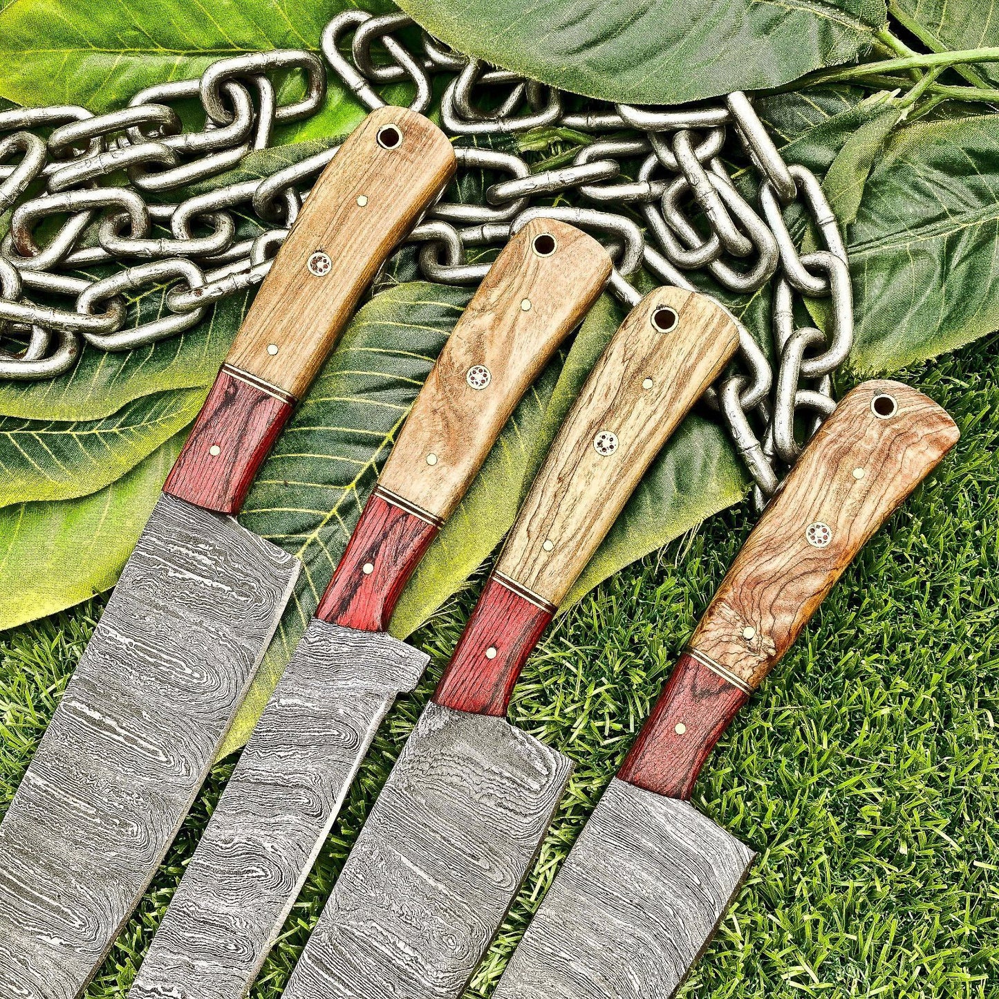 Lot of 4 Damascus Steel Chef Knives Set – Full Tang Kitchen Knife Collection