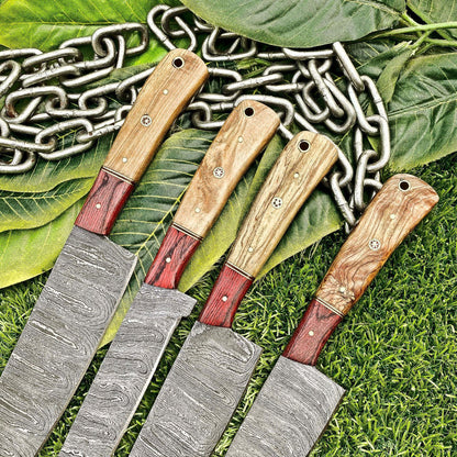 Lot of 4 Damascus Steel Chef Knives Set – Full Tang Kitchen Knife Collection