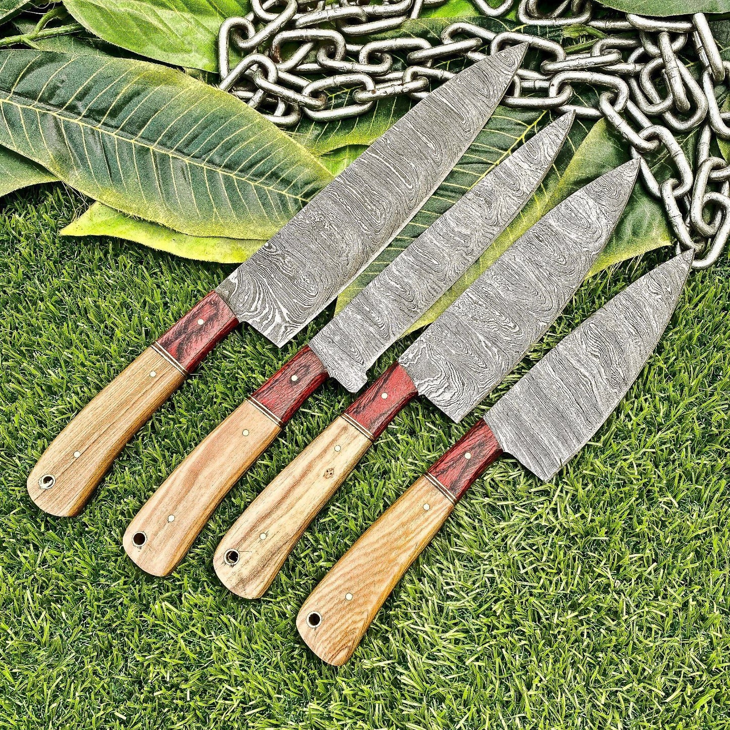 Lot of 4 Damascus Steel Chef Knives Set – Full Tang Kitchen Knife Collection