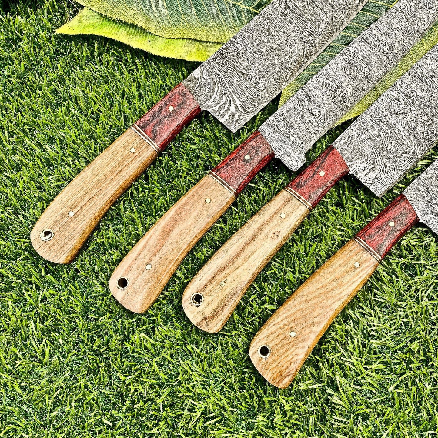 Lot of 4 Damascus Steel Chef Knives Set – Full Tang Kitchen Knife Collection