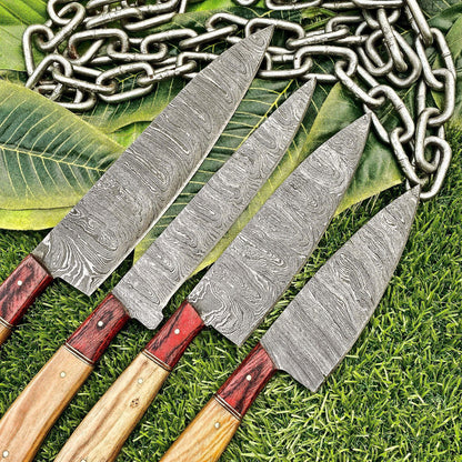 Lot of 4 Damascus Steel Chef Knives Set – Full Tang Kitchen Knife Collection