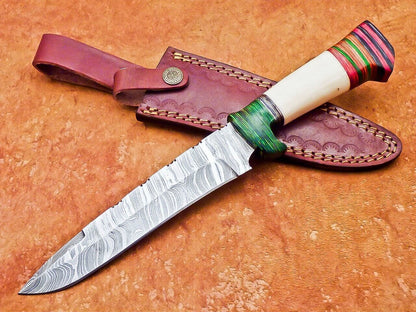 12" Damascus Bowie Knife – Camel Bone & Hardwood Handle with Leather Sheath