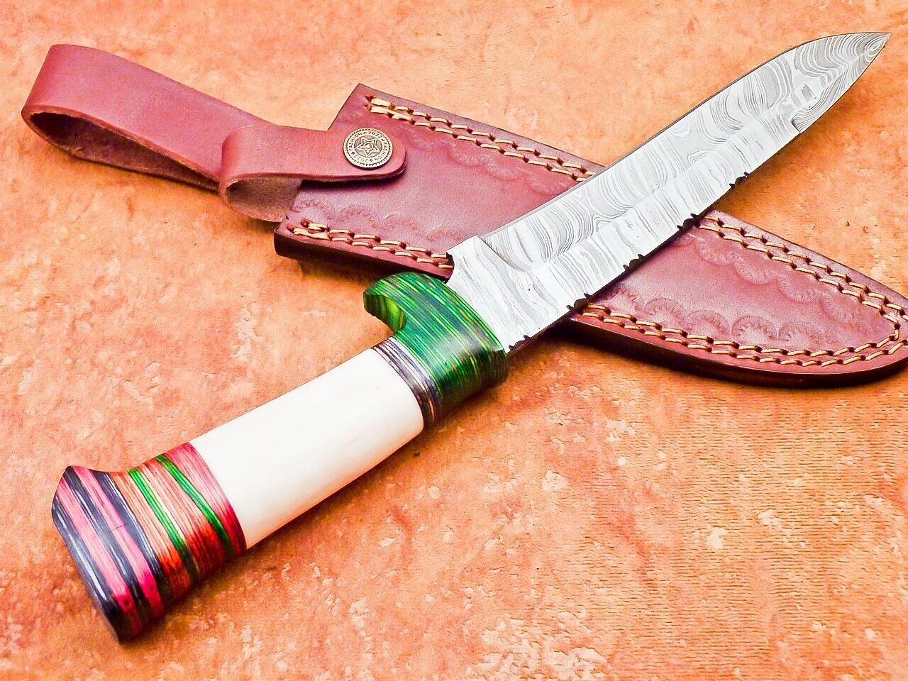 12" Damascus Bowie Knife – Camel Bone & Hardwood Handle with Leather Sheath