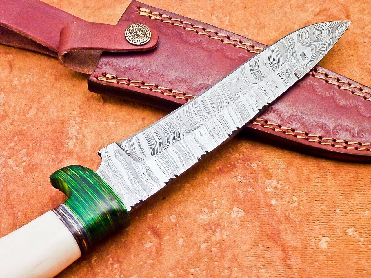 12" Damascus Bowie Knife – Camel Bone & Hardwood Handle with Leather Sheath