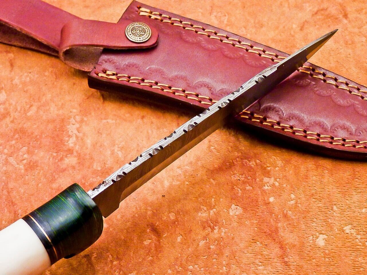 12" Damascus Bowie Knife – Camel Bone & Hardwood Handle with Leather Sheath