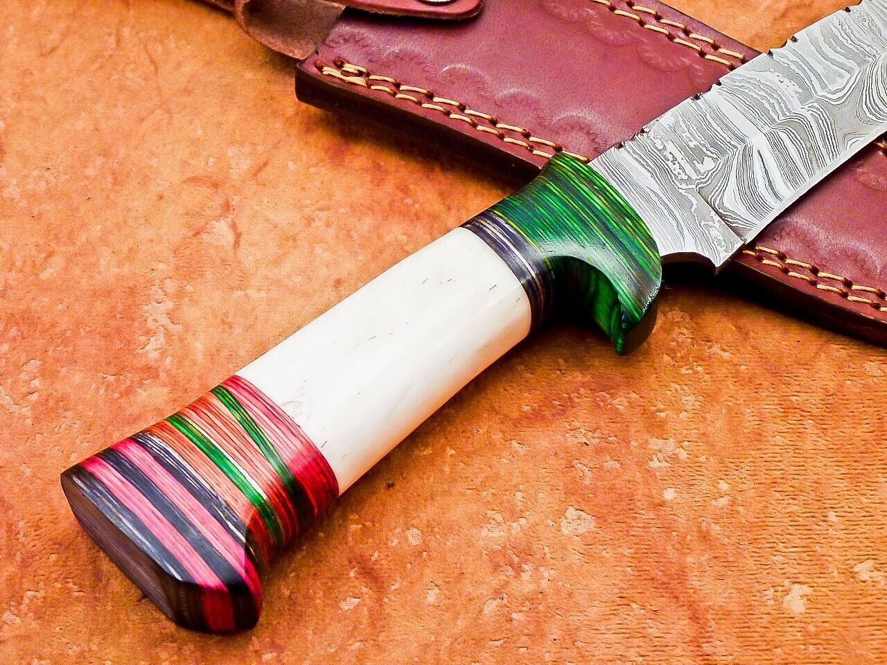 12" Damascus Bowie Knife – Camel Bone & Hardwood Handle with Leather Sheath
