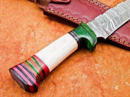12" Damascus Bowie Knife – Camel Bone & Hardwood Handle with Leather Sheath