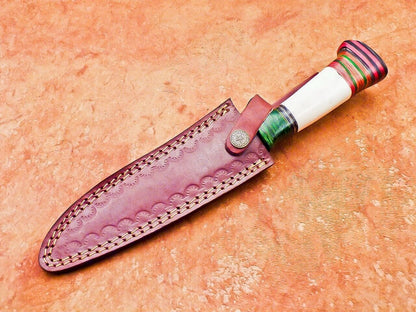 12" Damascus Bowie Knife – Camel Bone & Hardwood Handle with Leather Sheath