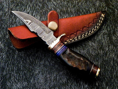 Heritage Forge 6 Inch Handmade Damascus Steel Hunting Knife with Ram Horn and Wood Handle