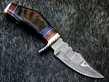 Heritage Forge 6 Inch Handmade Damascus Steel Hunting Knife with Ram Horn and Wood Handle