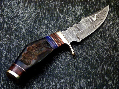 Heritage Forge 6 Inch Handmade Damascus Steel Hunting Knife with Ram Horn and Wood Handle