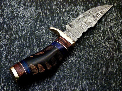 Heritage Forge 6 Inch Handmade Damascus Steel Hunting Knife with Ram Horn and Wood Handle