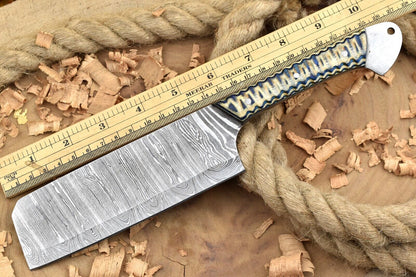 Custom Handmade Damascus Steel Chef Knife – 11" Kitchen Knife with 6" Blade & White/Blue Dollar Cleaver Sturl Open Tang Handle
