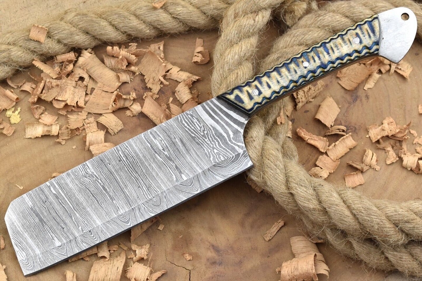 Custom Handmade Damascus Steel Chef Knife – 11" Kitchen Knife with 6" Blade & White/Blue Dollar Cleaver Sturl Open Tang Handle