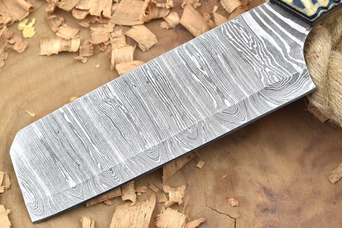 Custom Handmade Damascus Steel Chef Knife – 11" Kitchen Knife with 6" Blade & White/Blue Dollar Cleaver Sturl Open Tang Handle