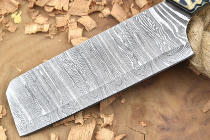 Custom Handmade Damascus Steel Chef Knife – 11" Kitchen Knife with 6" Blade & White/Blue Dollar Cleaver Sturl Open Tang Handle