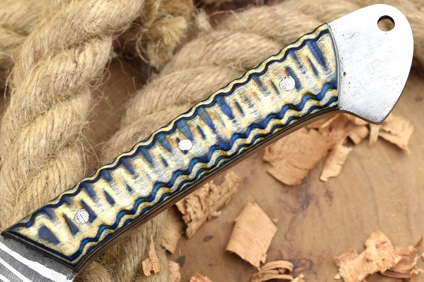 Custom Handmade Damascus Steel Chef Knife – 11" Kitchen Knife with 6" Blade & White/Blue Dollar Cleaver Sturl Open Tang Handle