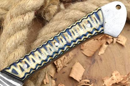 Custom Handmade Damascus Steel Chef Knife – 11" Kitchen Knife with 6" Blade & White/Blue Dollar Cleaver Sturl Open Tang Handle