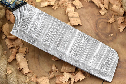 Custom Handmade Damascus Steel Chef Knife – 11" Kitchen Knife with 6" Blade & White/Blue Dollar Cleaver Sturl Open Tang Handle