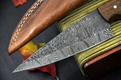 Custom Handmade Hammered Damascus Steel Chef Knife with Walnut Handle