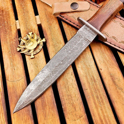 13 Inch Damascus Steel Dagger Hunting Knife with Wood Handle and Sheath