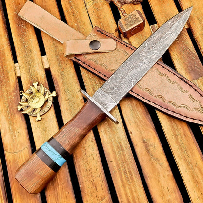13 Inch Damascus Steel Dagger Hunting Knife with Wood Handle and Sheath
