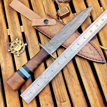 13 Inch Damascus Steel Dagger Hunting Knife with Wood Handle and Sheath