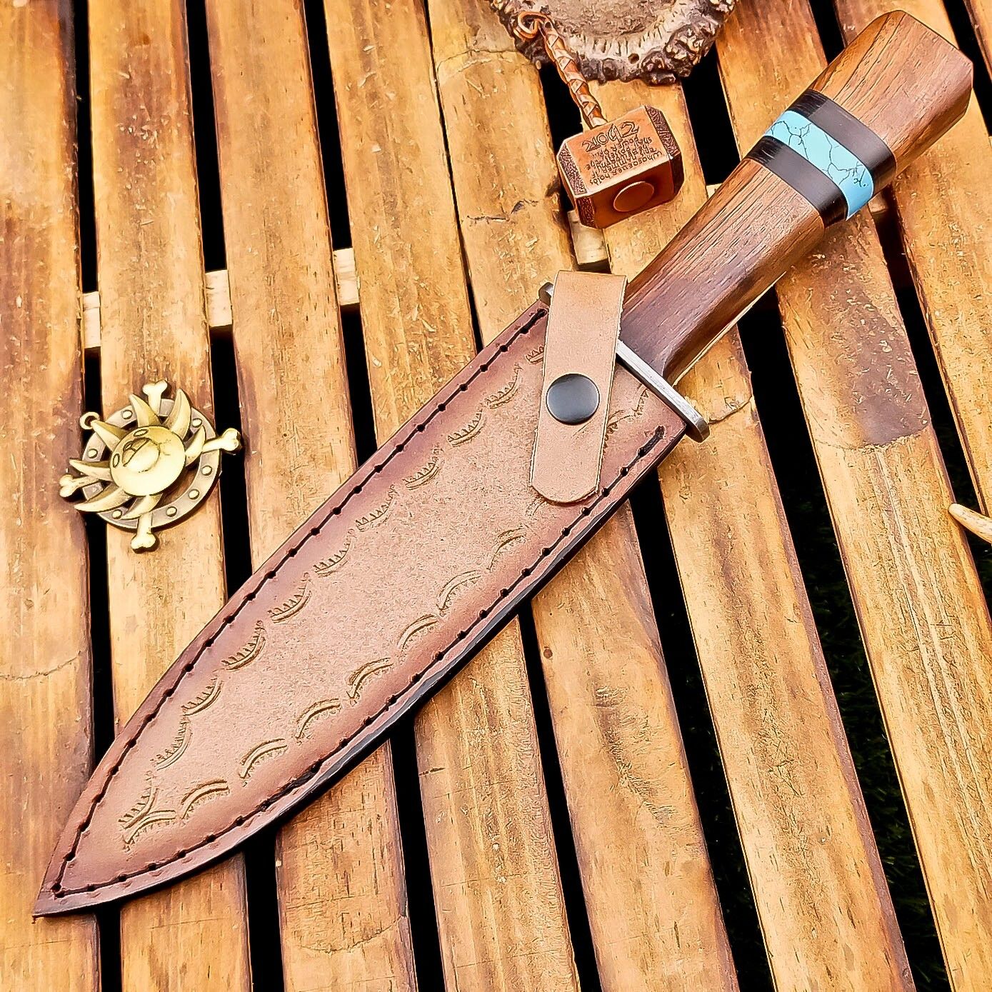 13 Inch Damascus Steel Dagger Hunting Knife with Wood Handle and Sheath