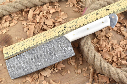 Custom Handmade Forged Damascus Steel Kitchen Chef Knife with Natural Bone Thappa Cleaver Handle