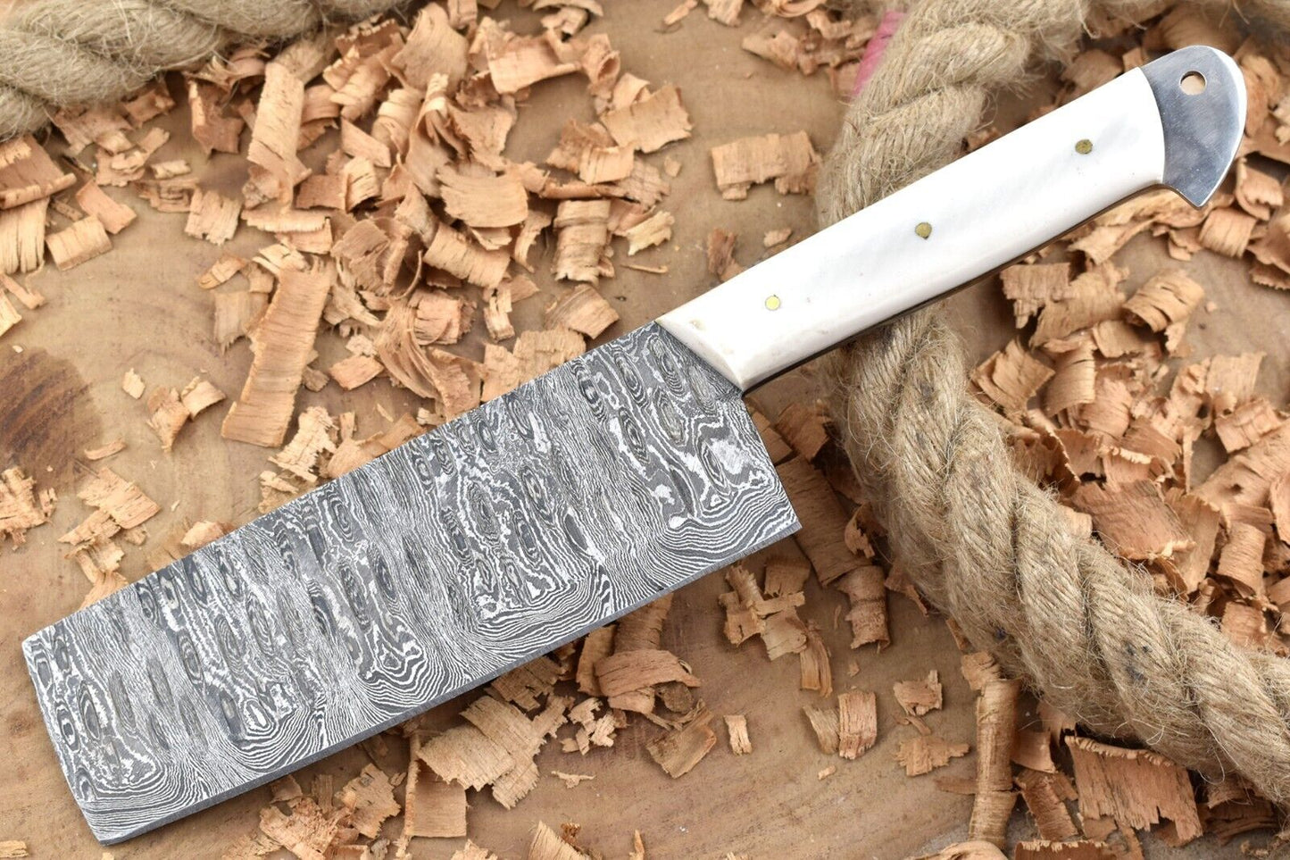 Custom Handmade Forged Damascus Steel Kitchen Chef Knife with Natural Bone Thappa Cleaver Handle