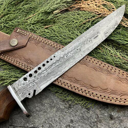 14.5" Handmade Damascus Steel Bushcraft Bowie Knife – Hardwood Handle & Leather Sheath