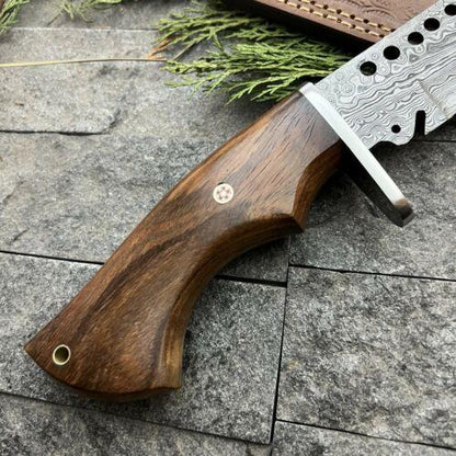 14.5" Handmade Damascus Steel Bushcraft Bowie Knife – Hardwood Handle & Leather Sheath