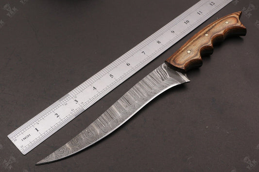 12" Handmade Fire Damascus Steel Fillet Kitchen Knife Damascus Fillet Knife W/Sheath