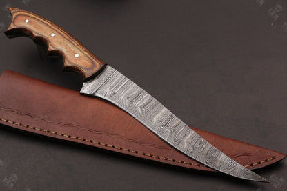 12" Handmade Fire Damascus Steel Fillet Kitchen Knife Damascus Fillet Knife W/Sheath