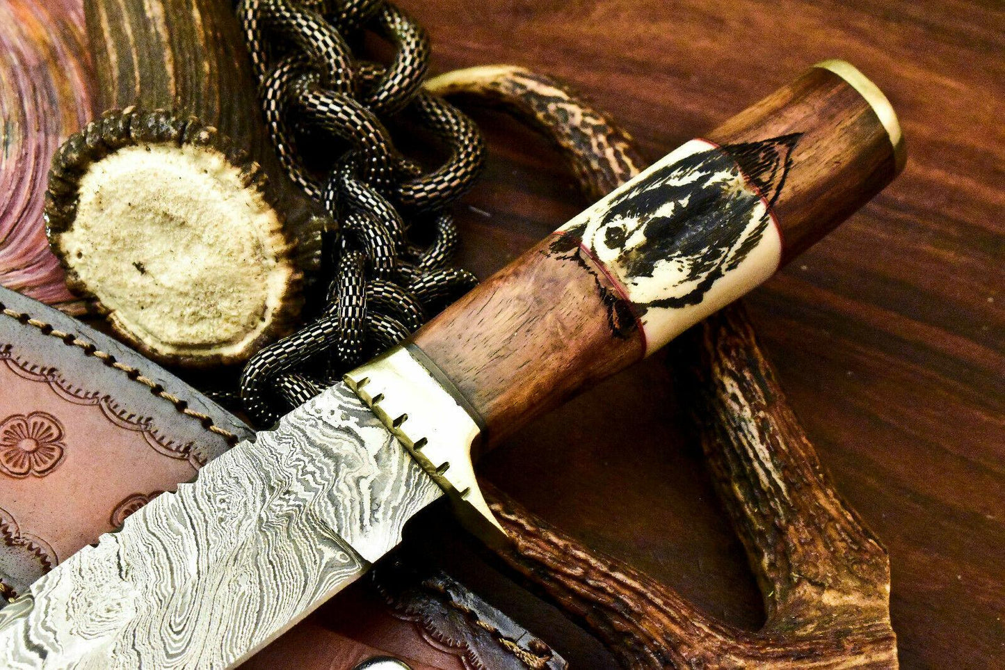 12" Laser Etched Damascus Steel Bowie Knife | Camel Bone Handle with Sheath