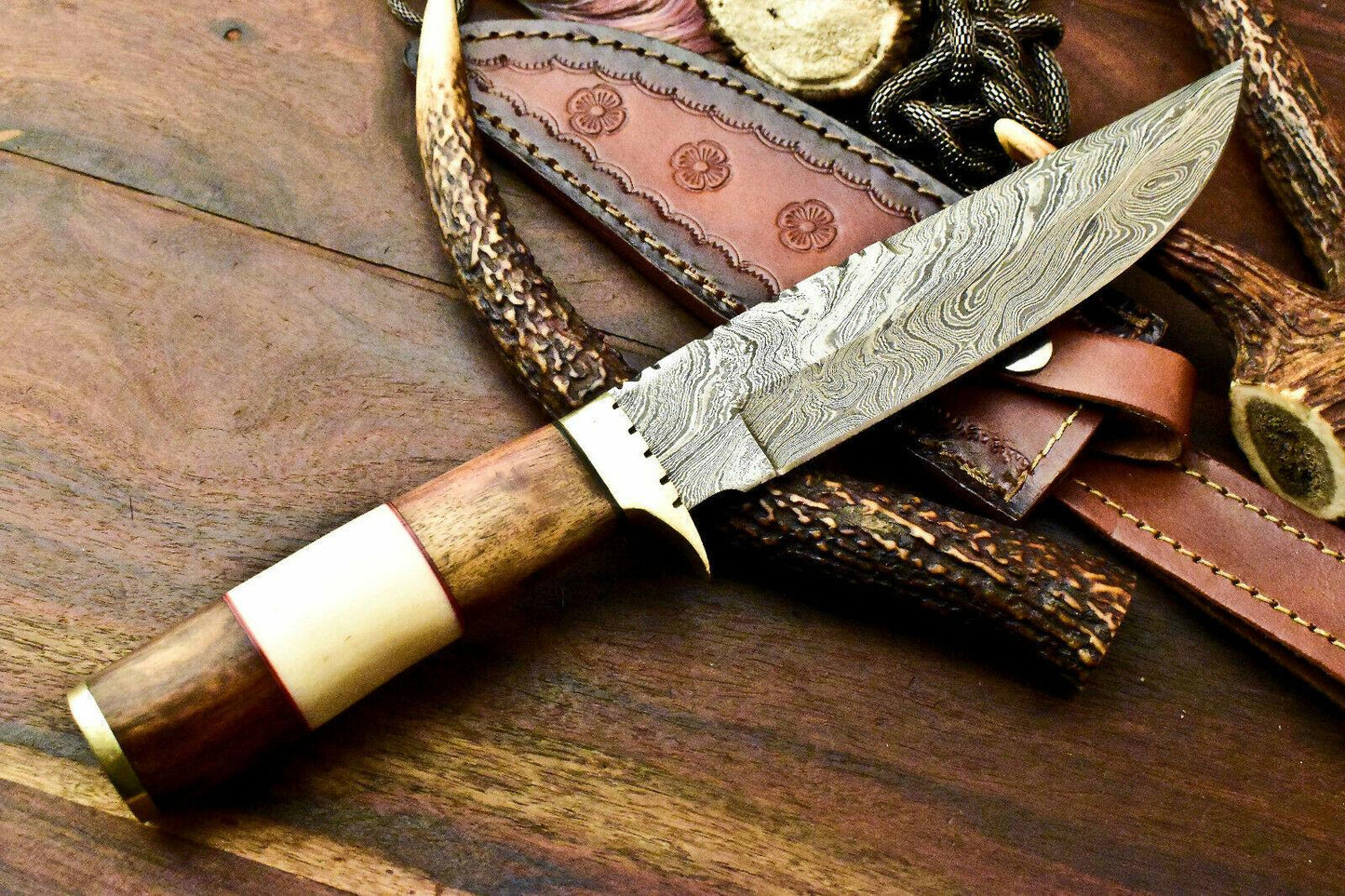 12" Laser Etched Damascus Steel Bowie Knife | Camel Bone Handle with Sheath
