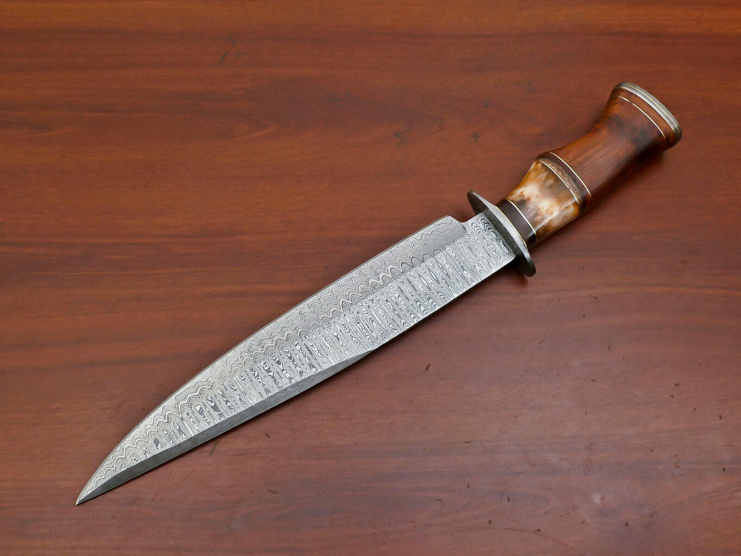 15" Custom Handmade Damascus Bowie Hunting Knife – Camel Bone & Rose Wood Handle