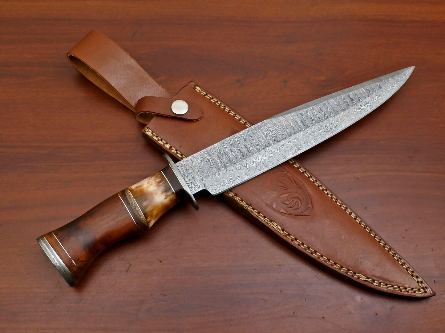 15" Custom Handmade Damascus Bowie Hunting Knife – Camel Bone & Rose Wood Handle