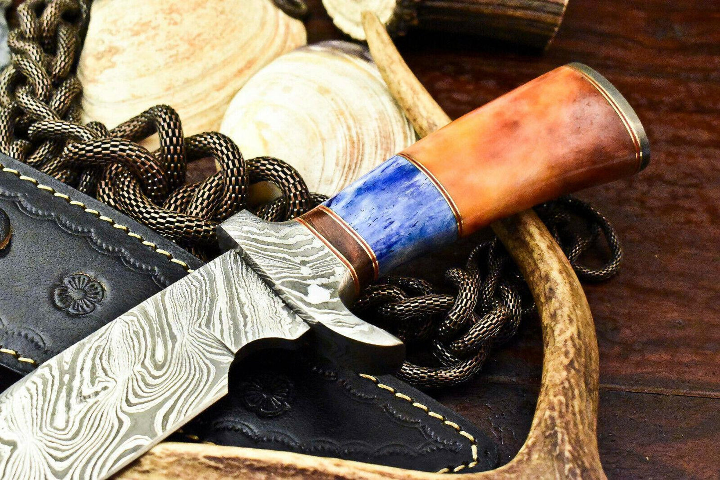 13.5" Damascus Bowie Knife | Stained Camel Bone Excellence