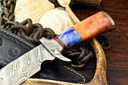 13.5" Damascus Bowie Knife | Stained Camel Bone Excellence