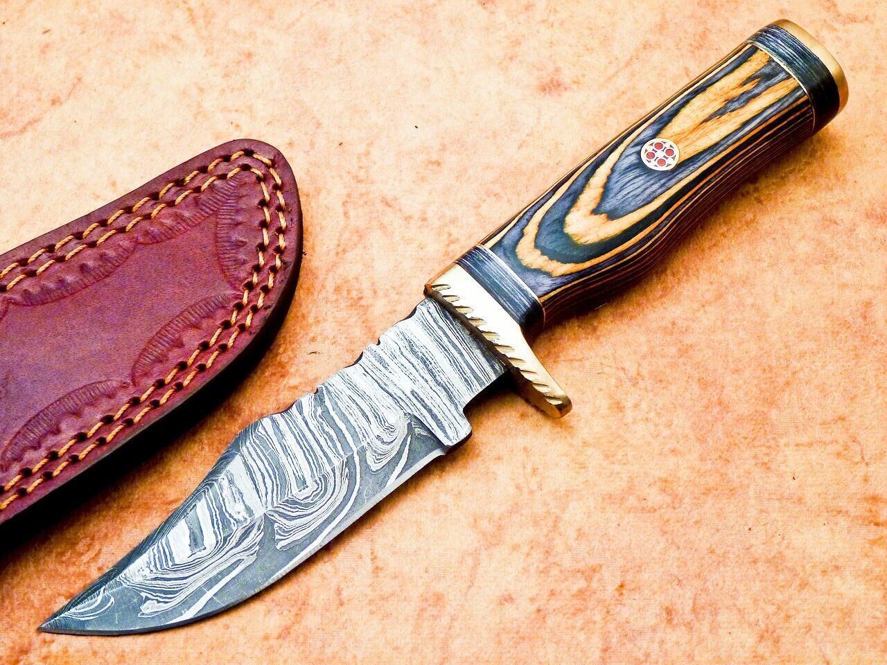 Heritage Forge 8 Inch Handmade Damascus Hunting Knife with Hardwood Handle and Leather Sheath