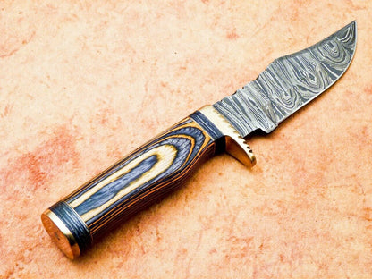 Heritage Forge 8 Inch Handmade Damascus Hunting Knife with Hardwood Handle and Leather Sheath