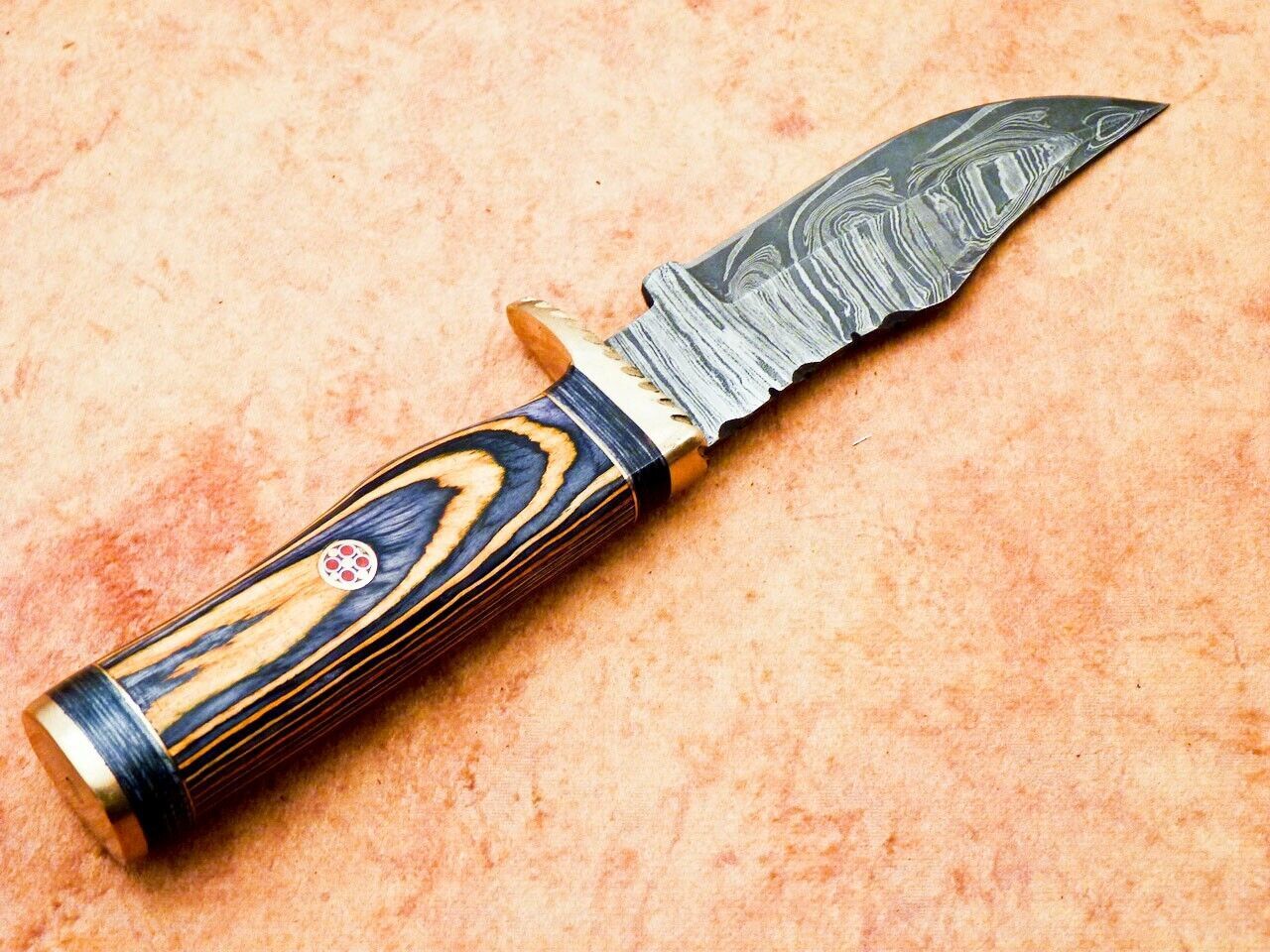 Heritage Forge 8 Inch Handmade Damascus Hunting Knife with Hardwood Handle and Leather Sheath
