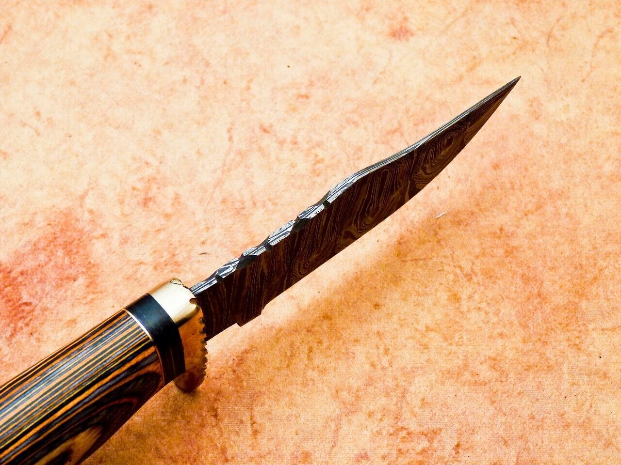 Heritage Forge 8 Inch Handmade Damascus Hunting Knife with Hardwood Handle and Leather Sheath