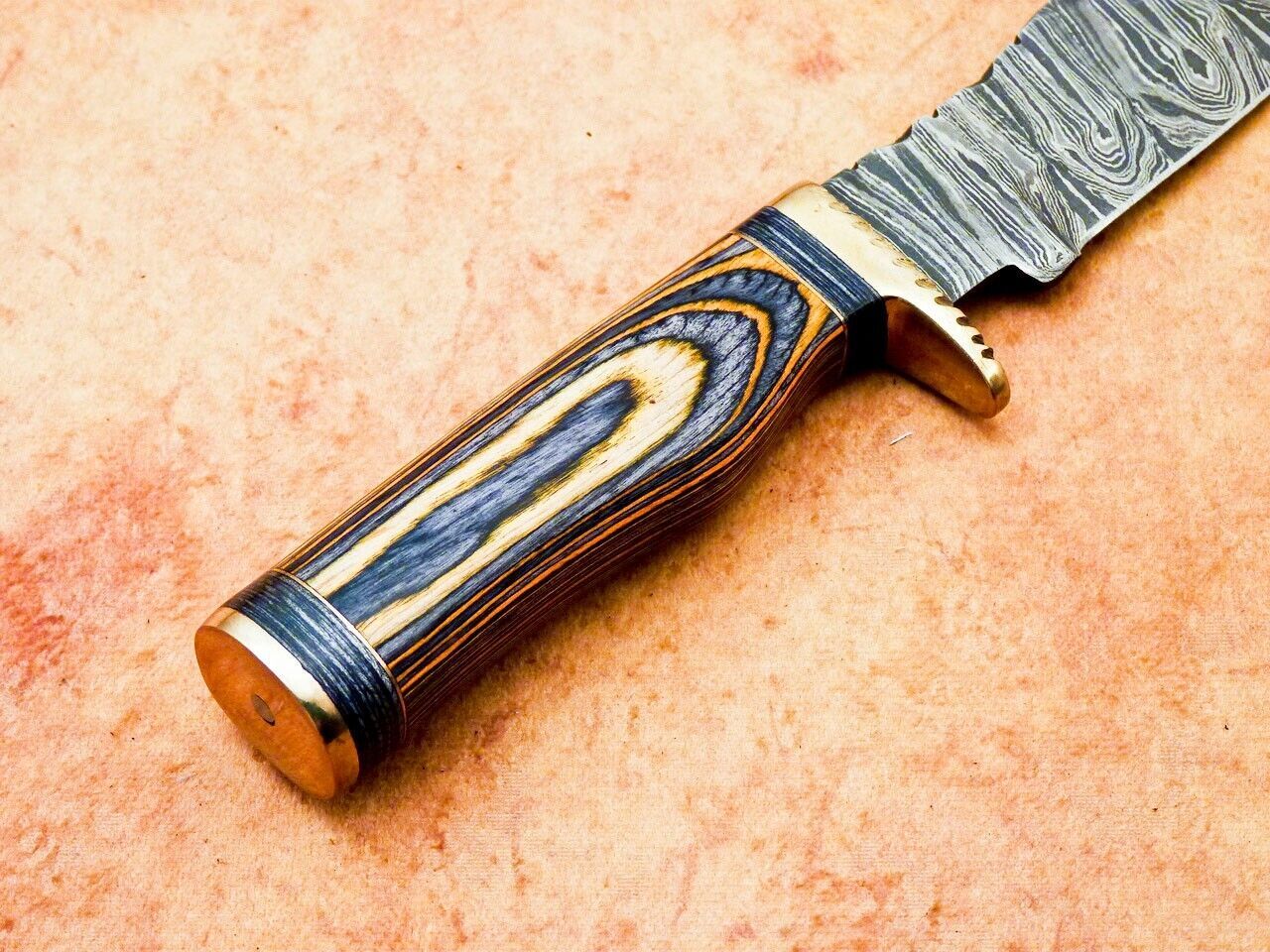 Heritage Forge 8 Inch Handmade Damascus Hunting Knife with Hardwood Handle and Leather Sheath
