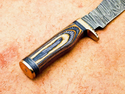 Heritage Forge 8 Inch Handmade Damascus Hunting Knife with Hardwood Handle and Leather Sheath