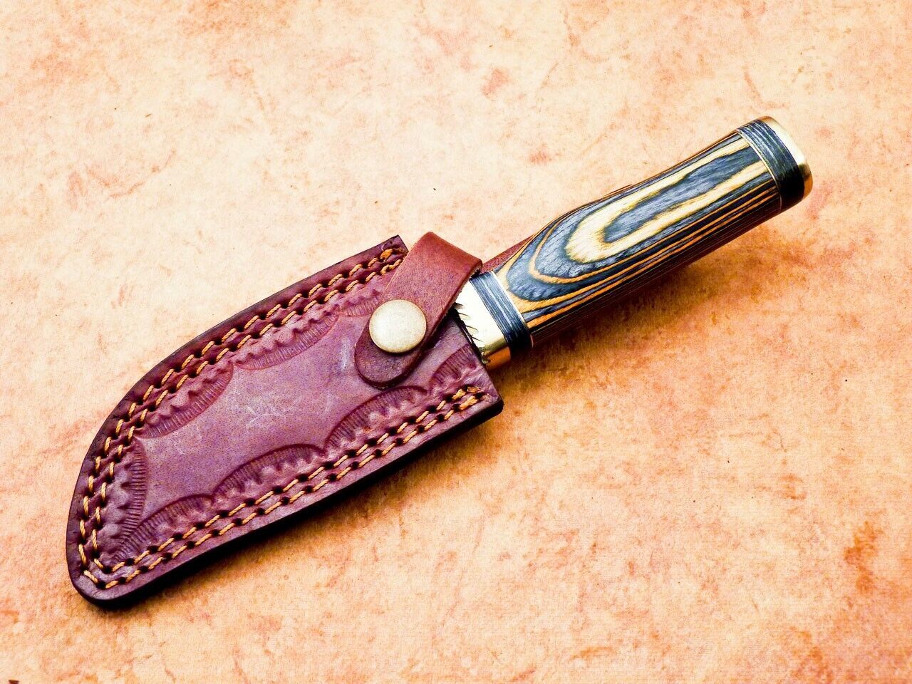 Heritage Forge 8 Inch Handmade Damascus Hunting Knife with Hardwood Handle and Leather Sheath