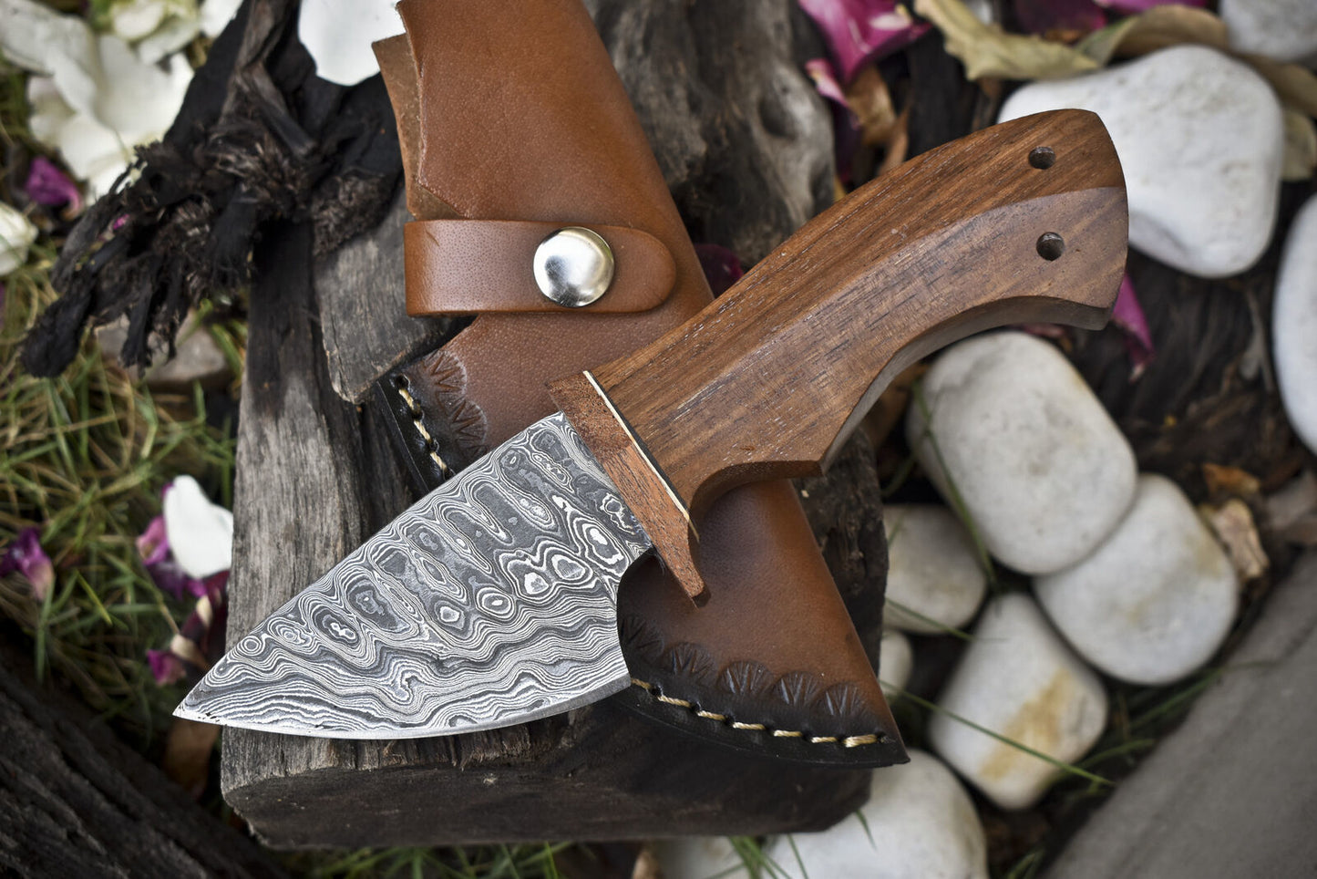7.5" Ladder Damascus Skinner Knife Walnut Wood Handle Wooden Guard w/Sheath