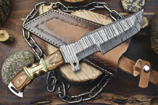 Hand-Forged Tracker Knife – Twist Damascus Steel with Bone & Wood Handle for Hiking and Bushcraft